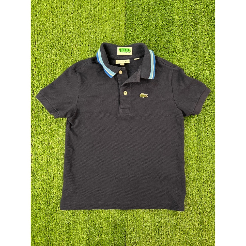 Lacoste Boys Navy Blue Striped Collar Cotton Pique Polo Shirt Size 6 116cm